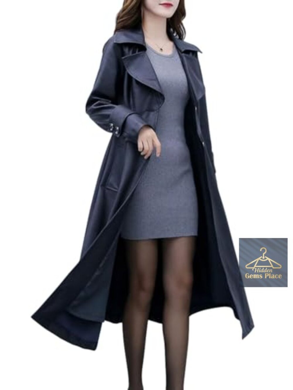 Women's PU Leather Fit-Flare Long Trench Coat Button Front Knee Length